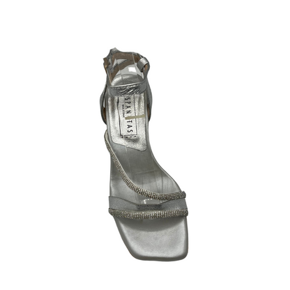 Top view of silver leather strappy  sandal with a flared kitten heel and embellished accent straps.