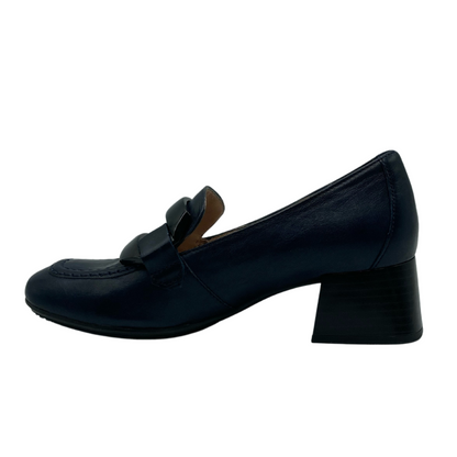 Left facing view of navy leather loafer with block heel