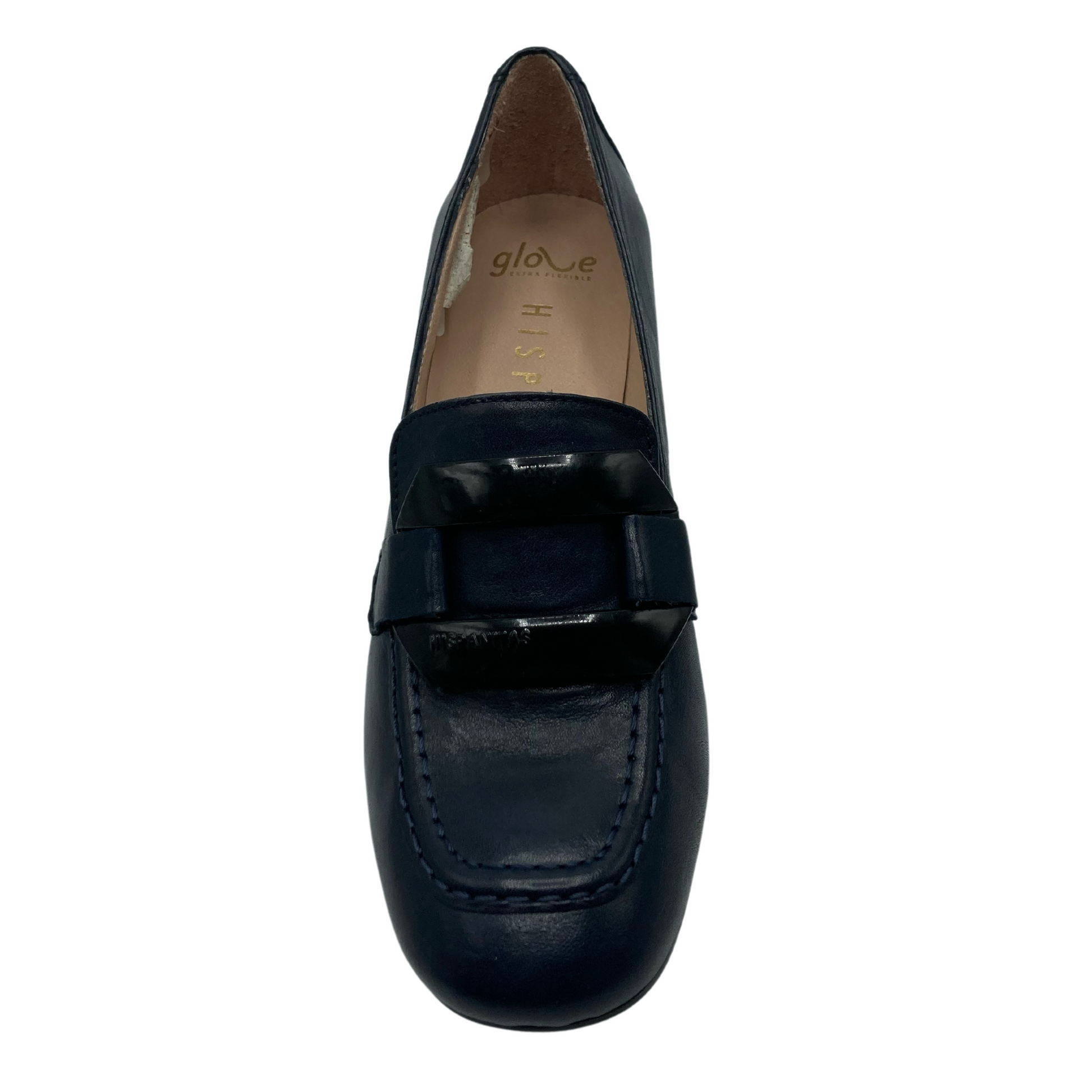 Top view of navy leather loafer with beige leather lining