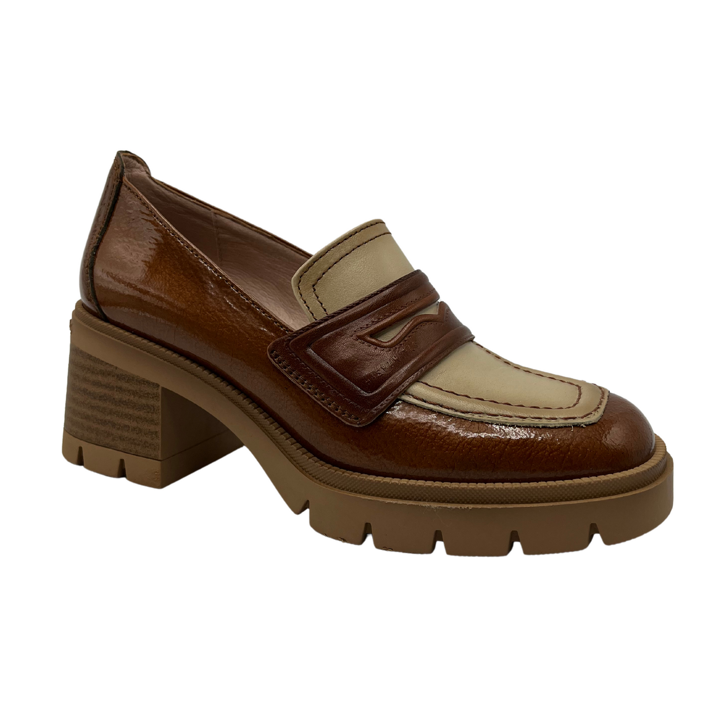 45 degree angled view of burnished leather loafer with chunky heel and rounded toe