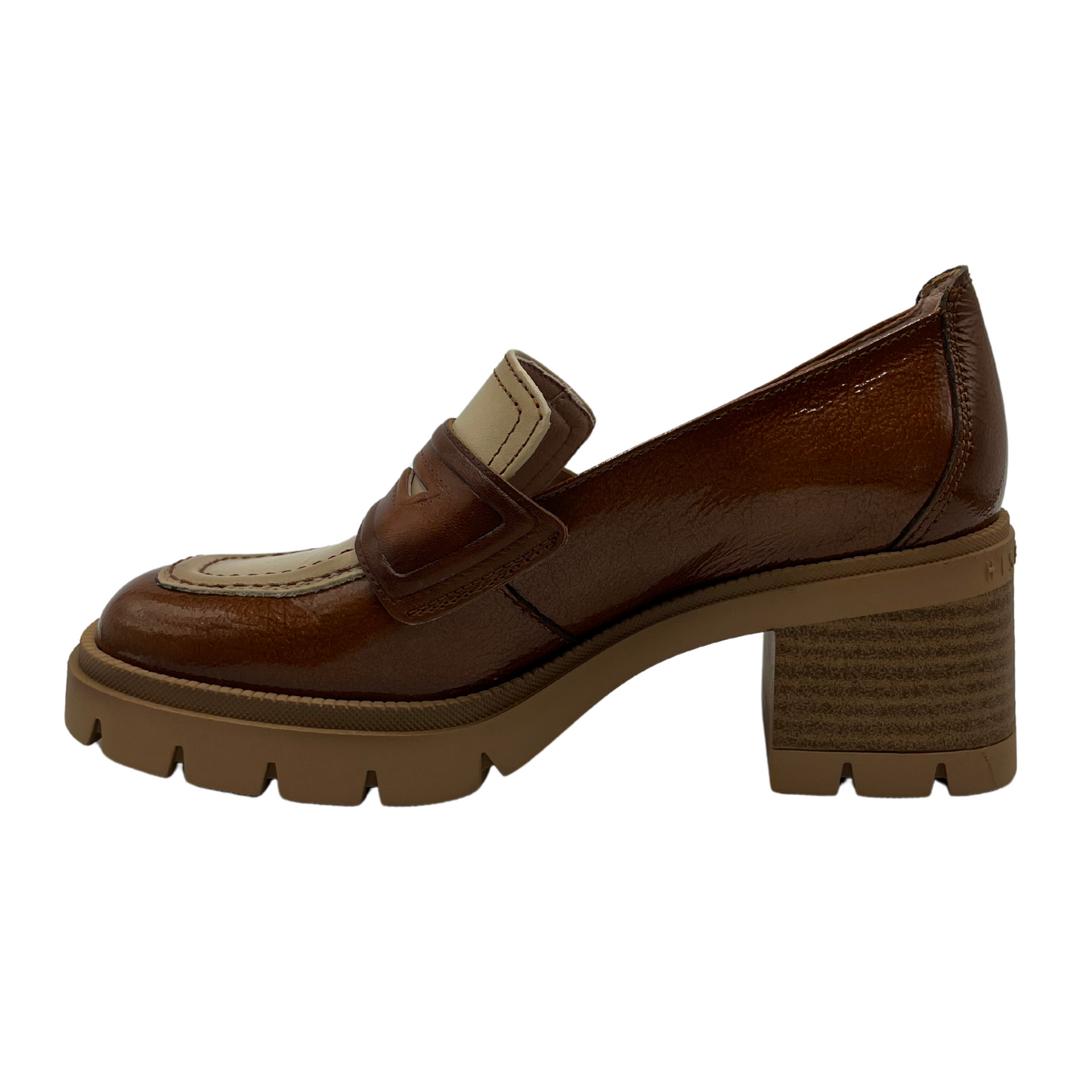 Left facing view of burnished leather loafer with chunky heel and rounded toe