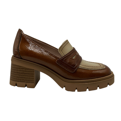 Right facing view of burnished leather loafer with chunky heel and rounded toe