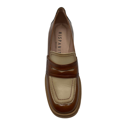 Top view of burnished leather loafer with chunky heel and rounded toe