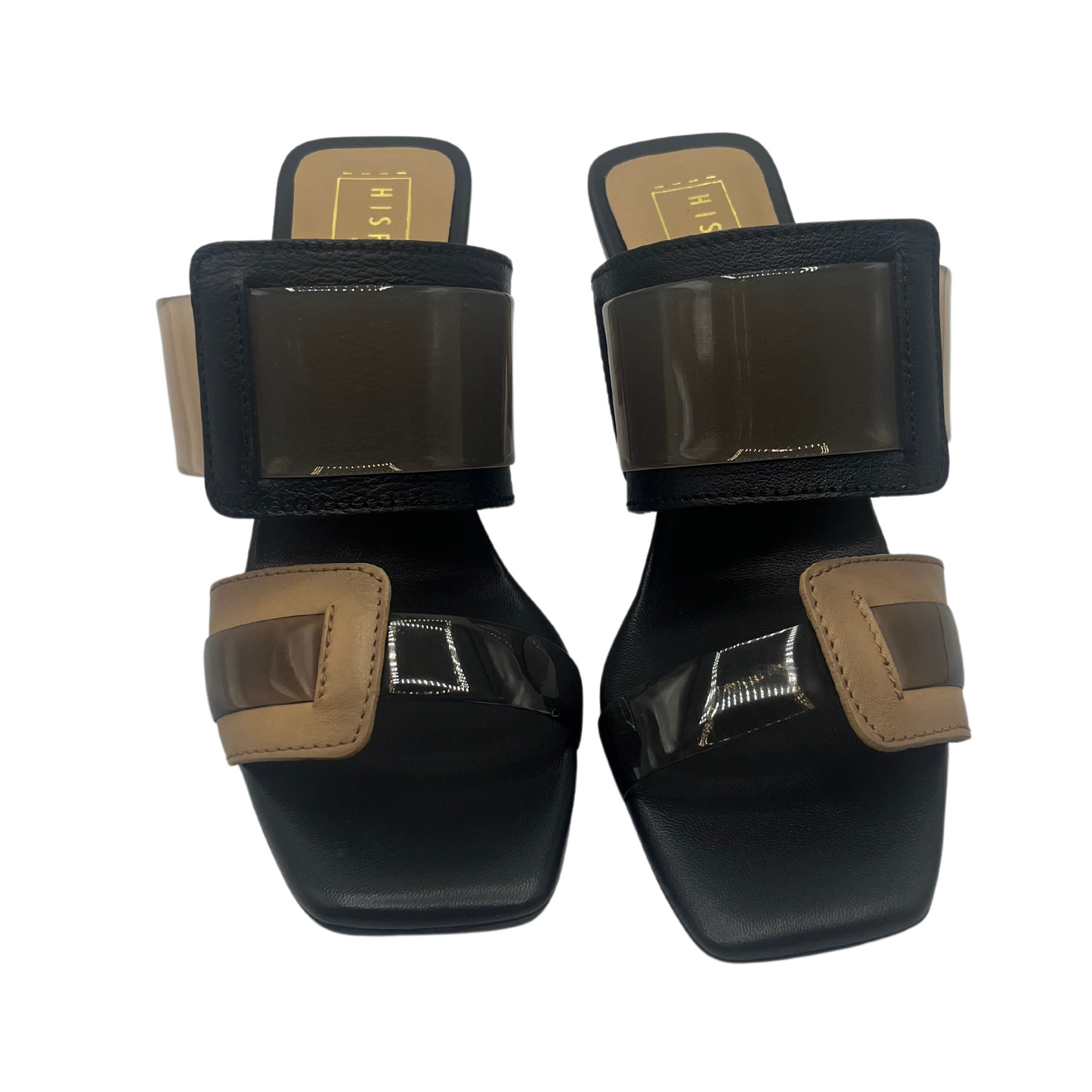 Top view of a pair of square toe sandals with leather and vinyl straps