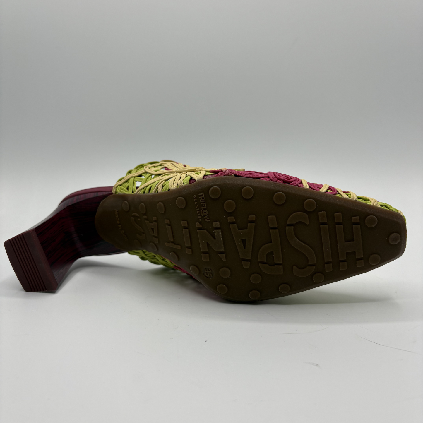 Bottom view of a multi coloured high heeled shoe