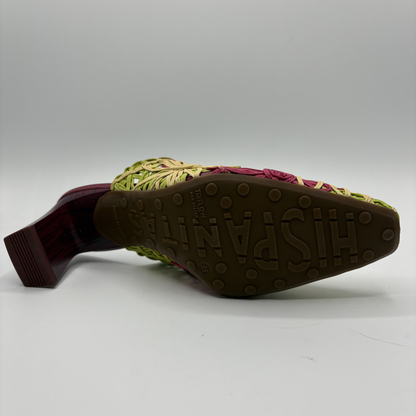 Bottom view of a multi coloured high heeled shoe