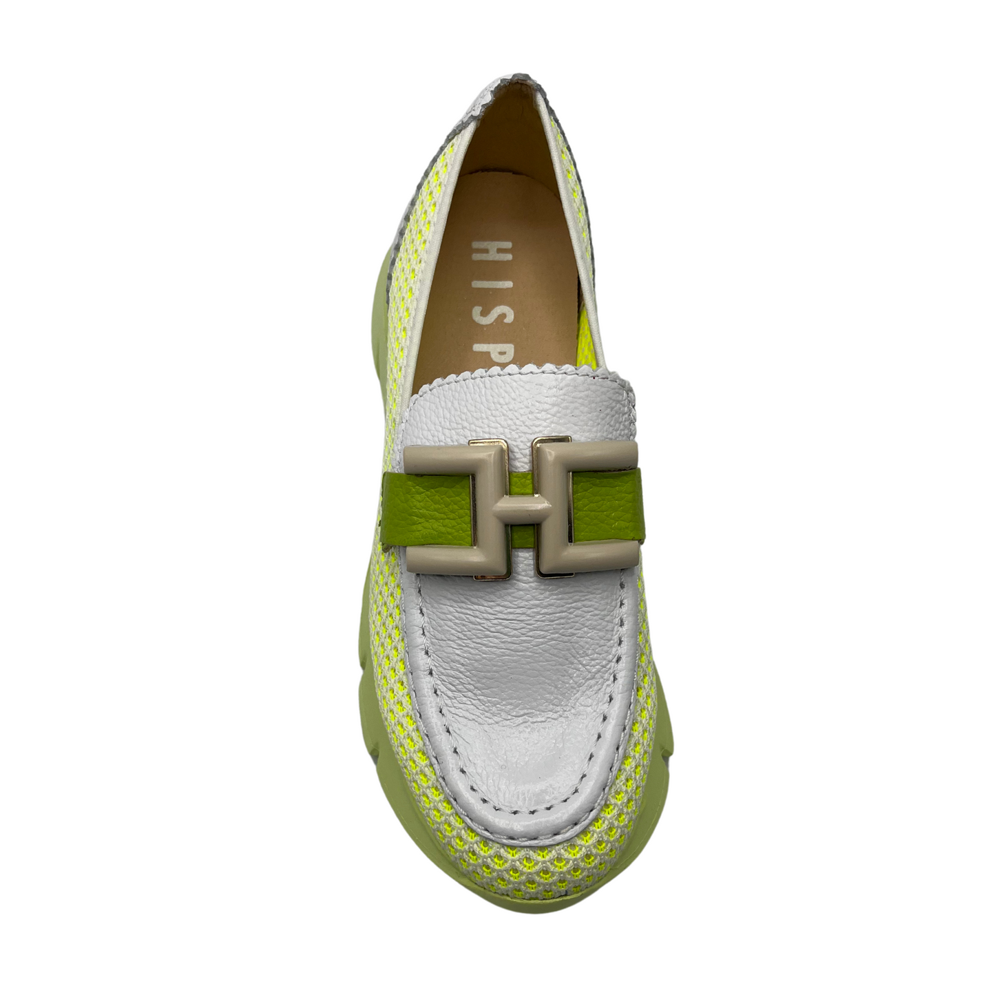 Top view of kiwi and white coloured leather sport moccasin with mesh sides, thick outsole and embellishment on upper.