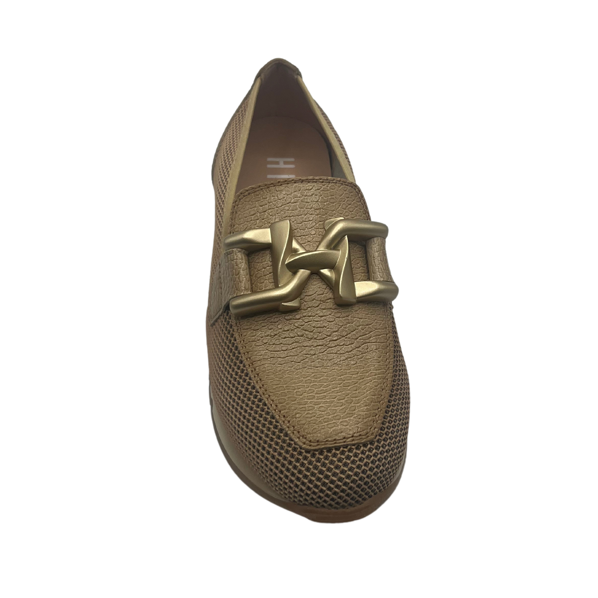Top view of sand coloured loafer sneaker with mesh sides, white rubber sole and gold detail on upper