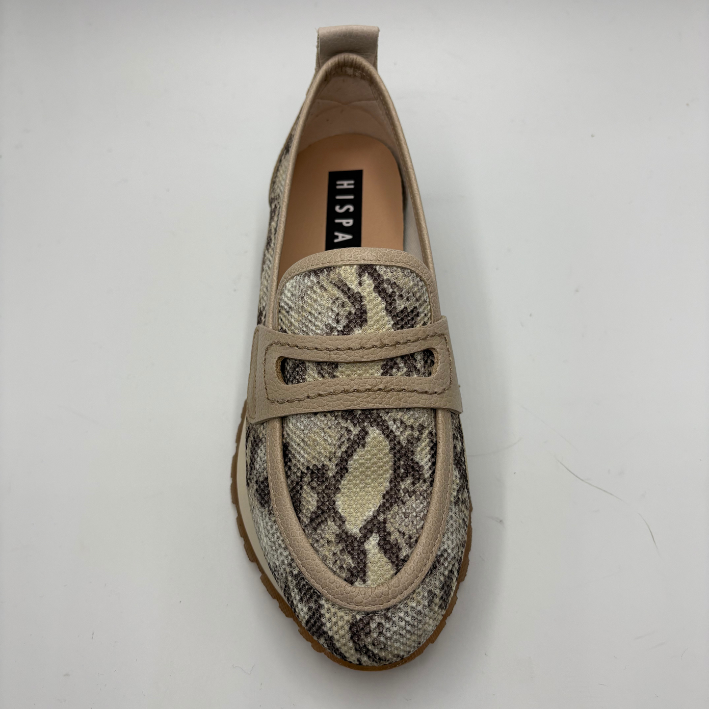 Loafer shoe with snake pattern and 'HISPANITAS' branding on a white background