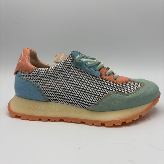 Multicolored sneaker with a textured sole on a white background