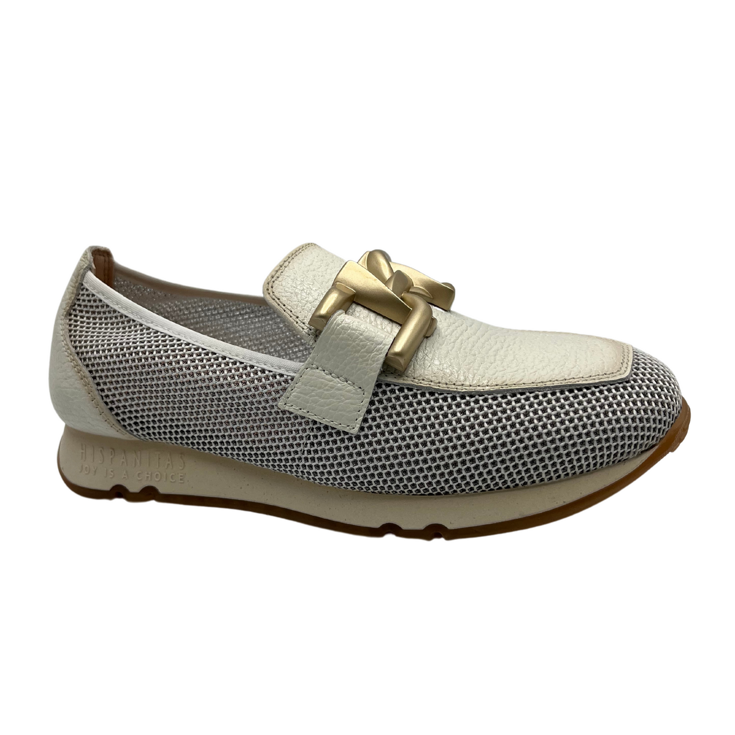 45 degree angled view of white coloured loafer sneaker with mesh sides, white rubber sole and gold detail on upper