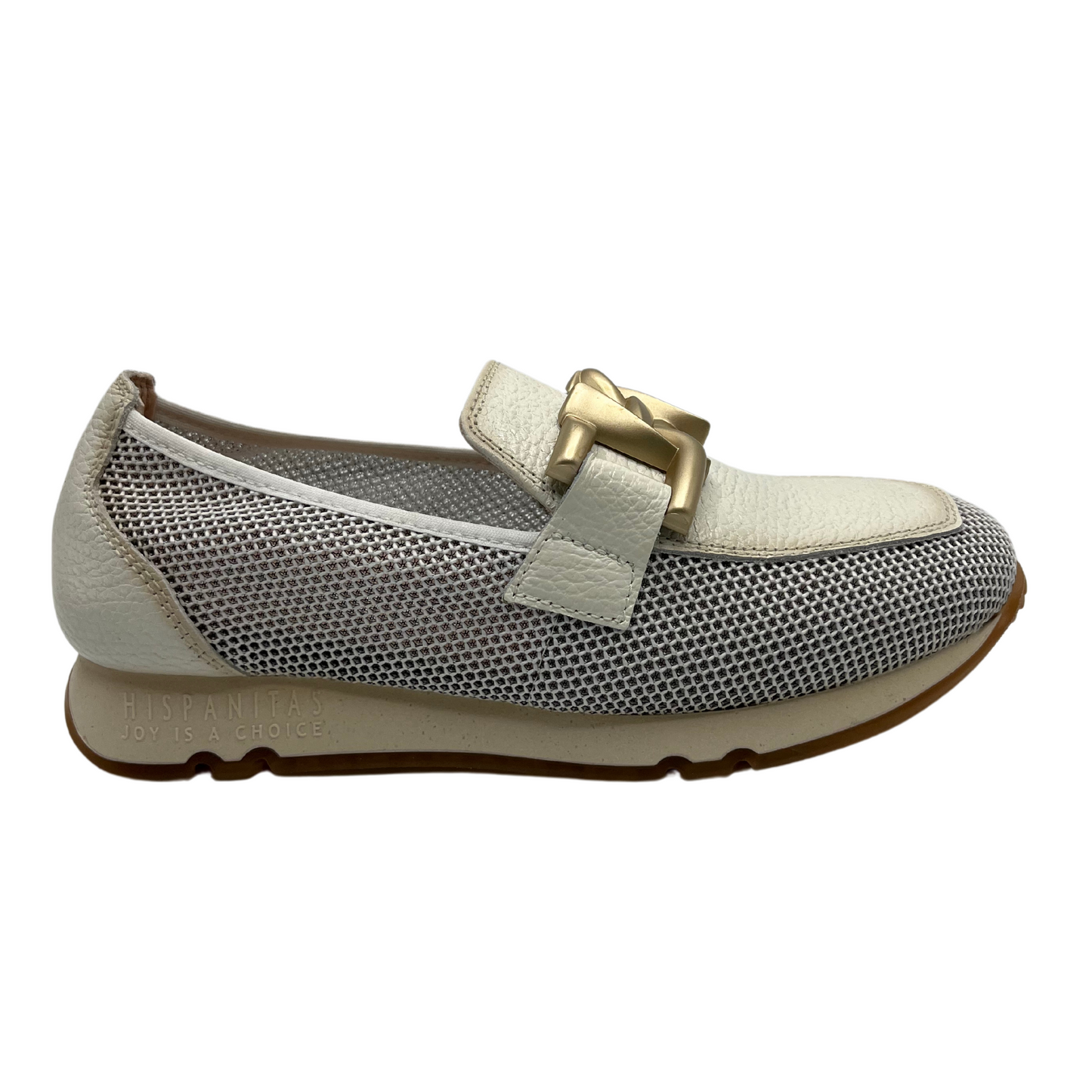 Right facing view of white coloured loafer sneaker with mesh sides, white rubber sole and gold detail on upper