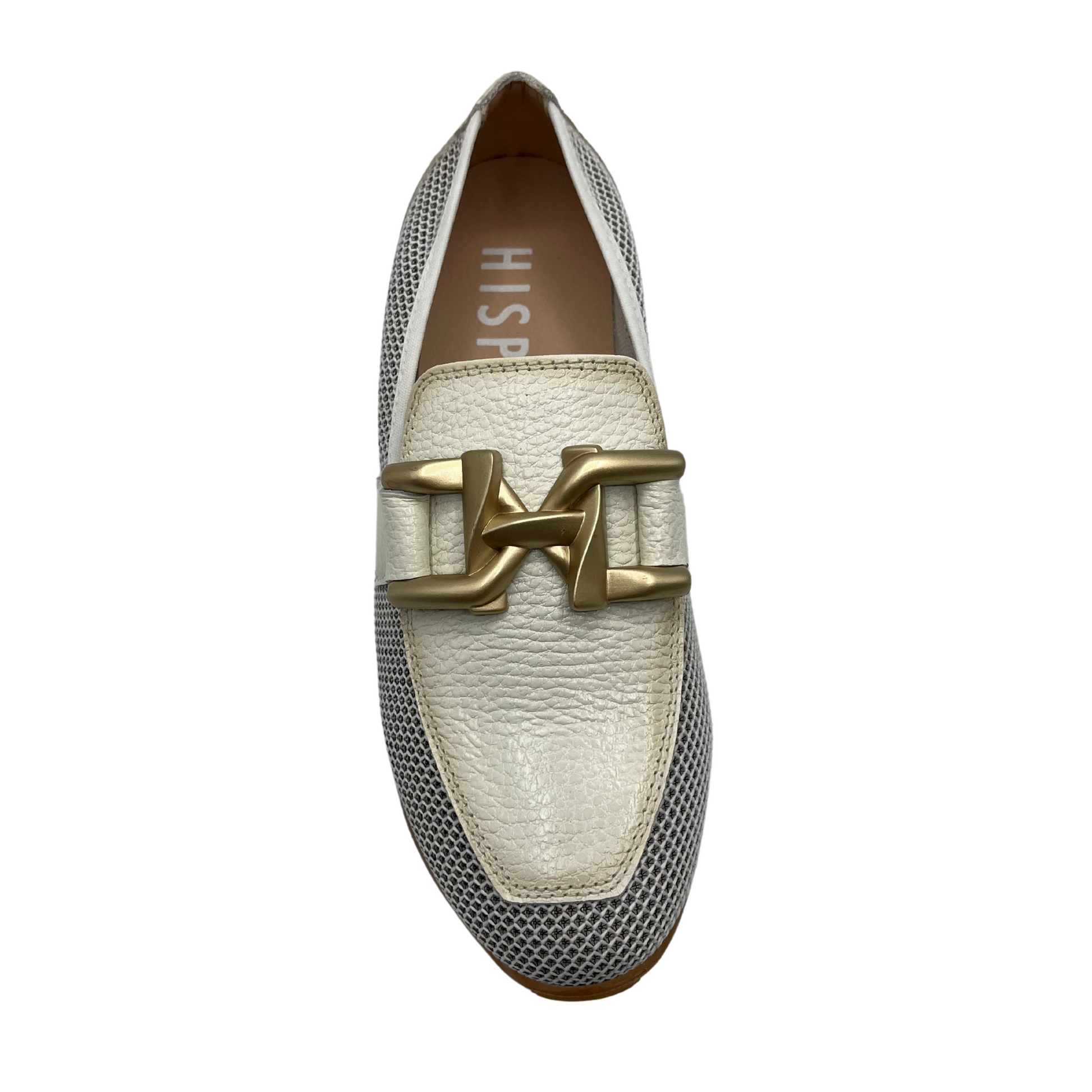 Top view of white coloured loafer sneaker with mesh sides, white rubber sole and gold detail on upper