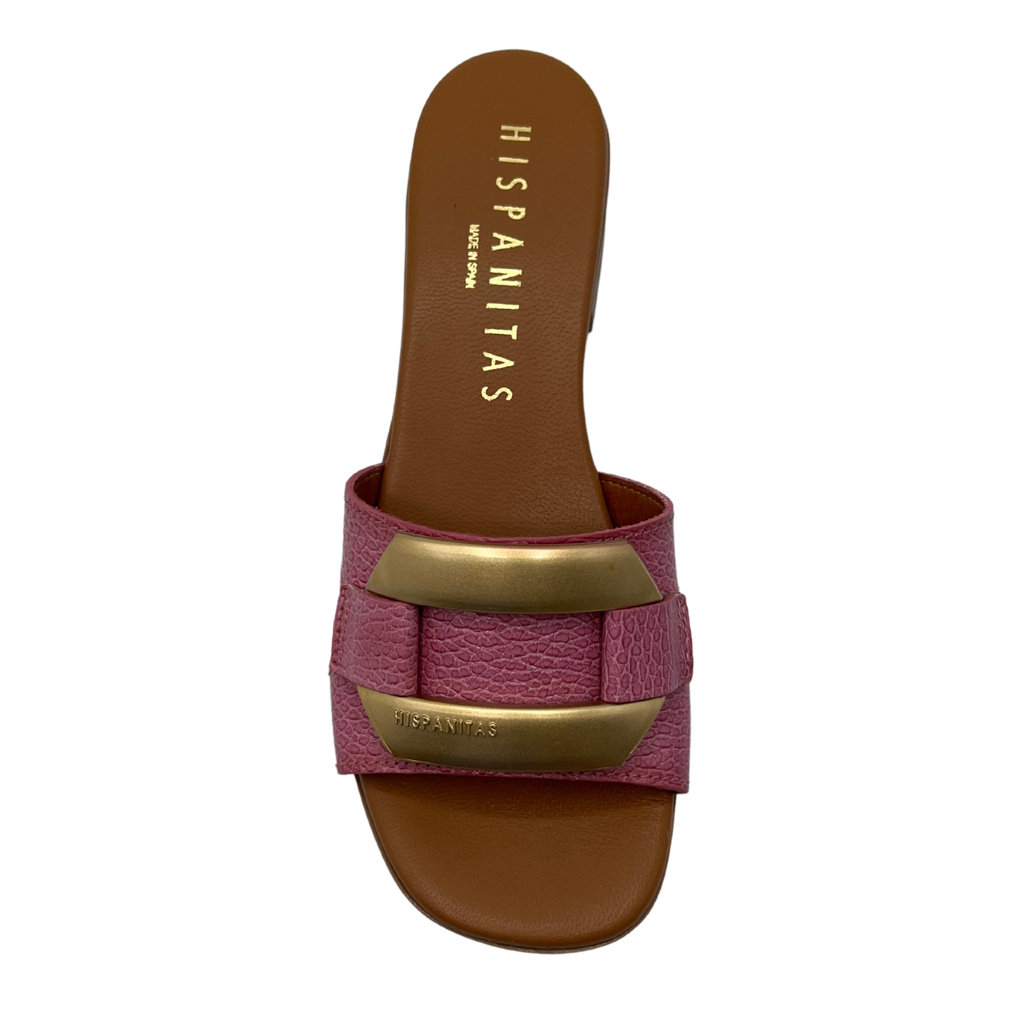 Top view of pink and brown leather sandal with gold brooch detail on upper