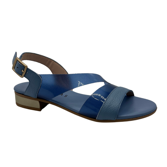 45 degree angled view of blue leather and vinyl sandal with buckle strap and low heel