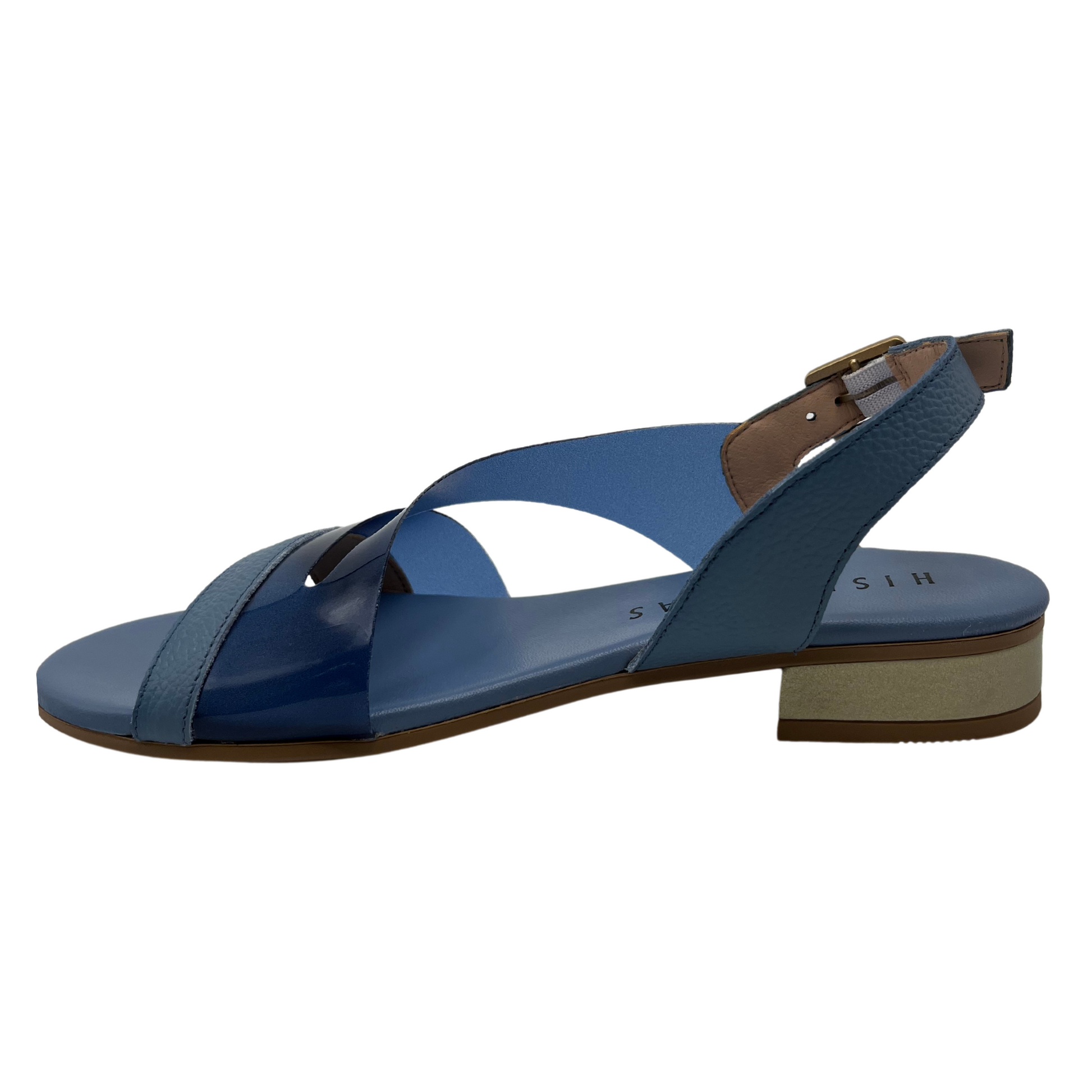 Left facing view of blue leather and vinyl sandal with buckle strap and low heel