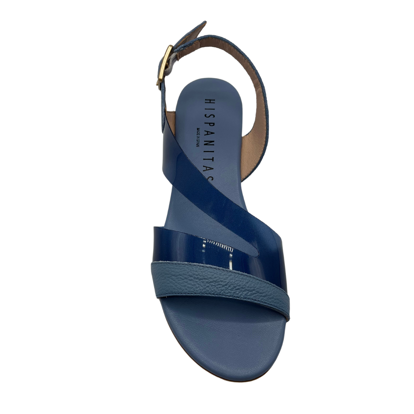 Top view of blue leather and vinyl sandal with buckle strap and low heel