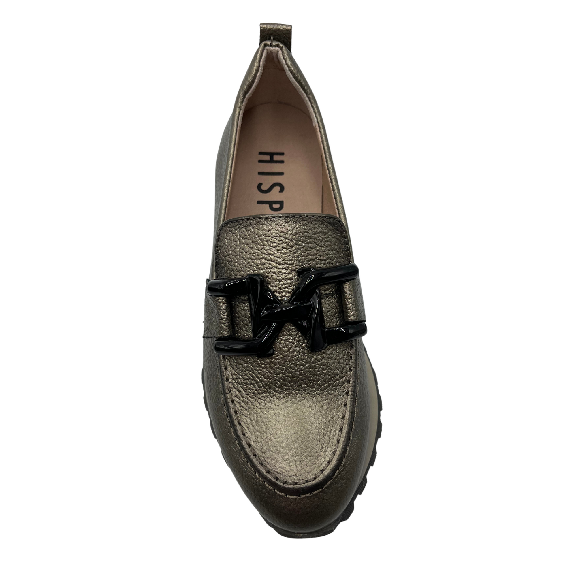 Top view of leather loafer with chunky treaded sole and leather lining