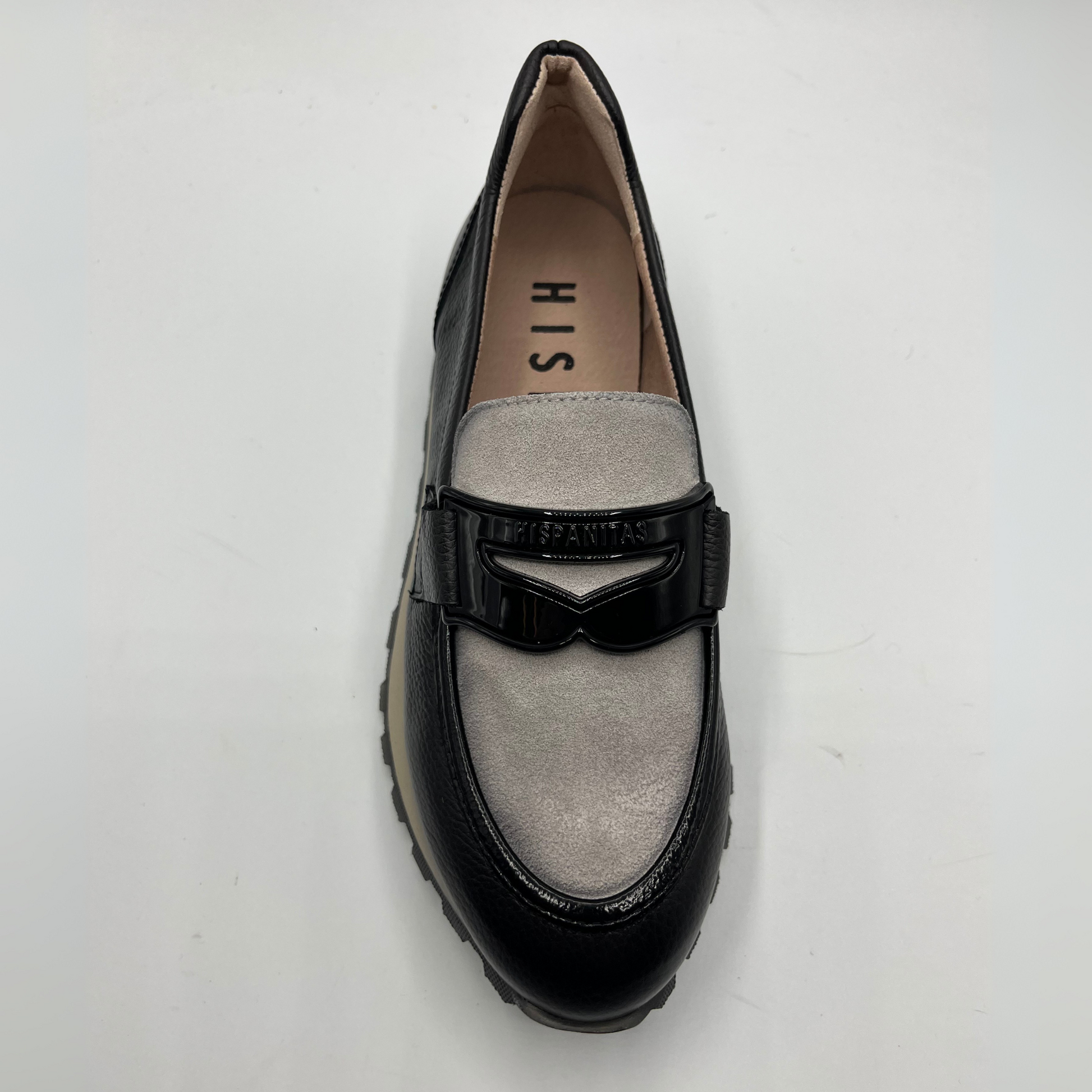 Loafer shoe with black and gray design on a white background
