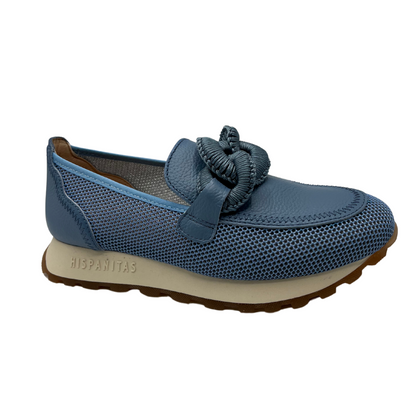 Angled view of blue leather loafer with mesh sides, thick outsole and chain detail on upper.
