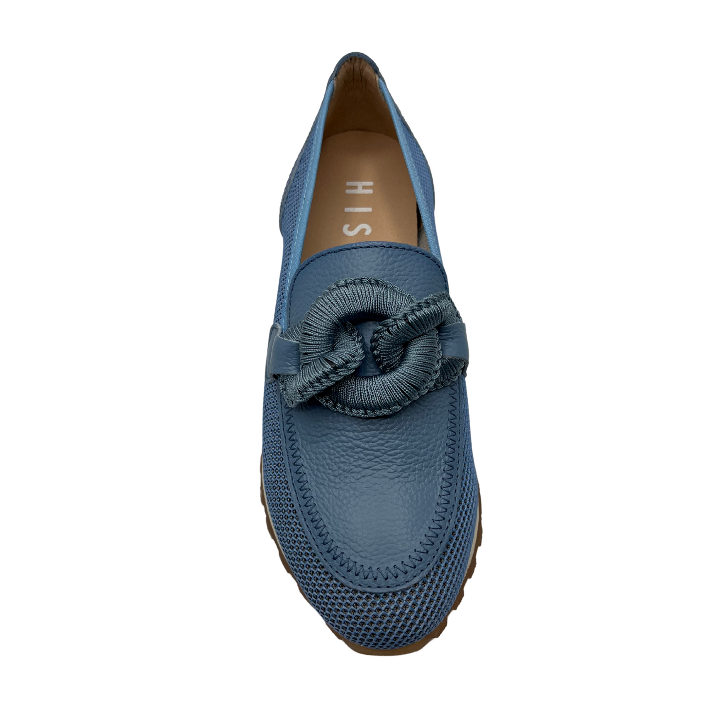 Top view of blue leather loafer with mesh sides, thick outsole and chain detail on upper.