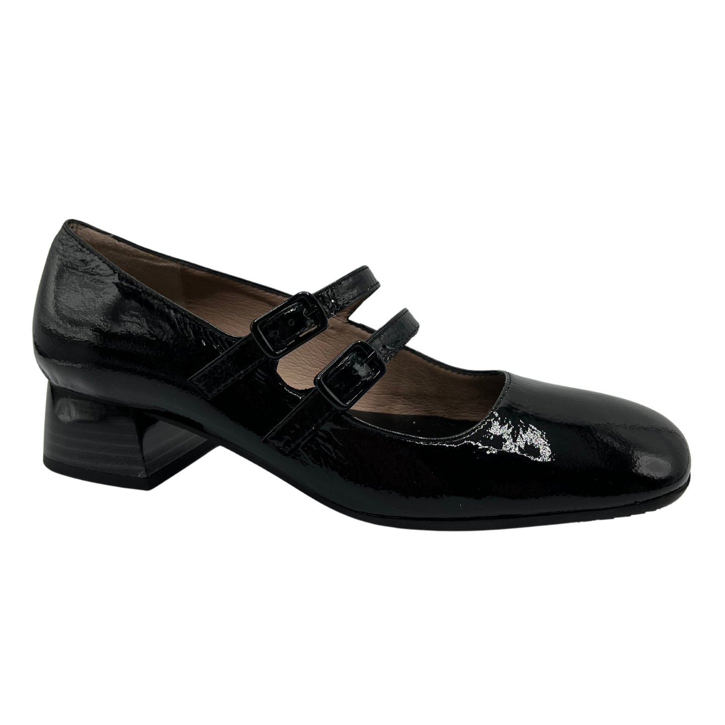 45 degree angled view of black patent leather mary jane with double straps and block heel