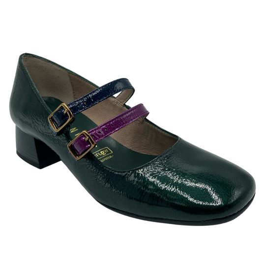 45 degree angled view of green leather mary jane with square toe and double straps