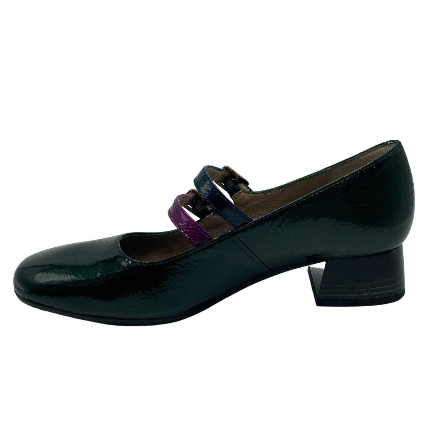 Left facing view of green leather shoe with block heel, one purple strap and one navy strap