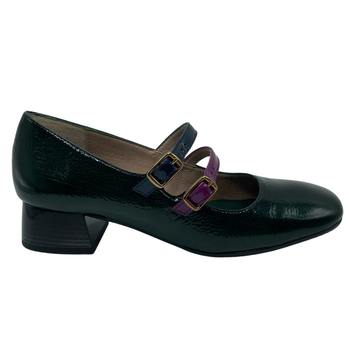 Right facing view of green leather mary jane with block heel, one navy strap and one purple strap
