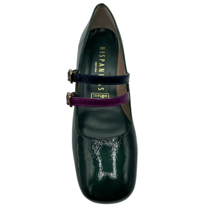 Top view of green leather mary jane with square toe, double straps and leather lining