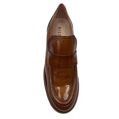 Top view of a brown patent leather derby shoe with a rounded toe and platformed track heel