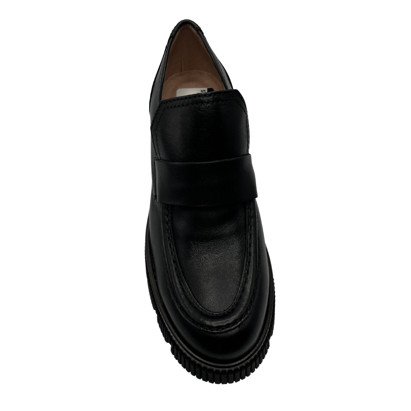 Top view of a black leather derby shoe with a rounded toe and platformed track heel