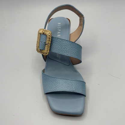 Blue sandal with a woven strap on a white background