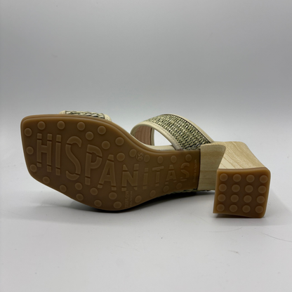 Back view of a sandal with 'Hispanitas' branding on a gray background
