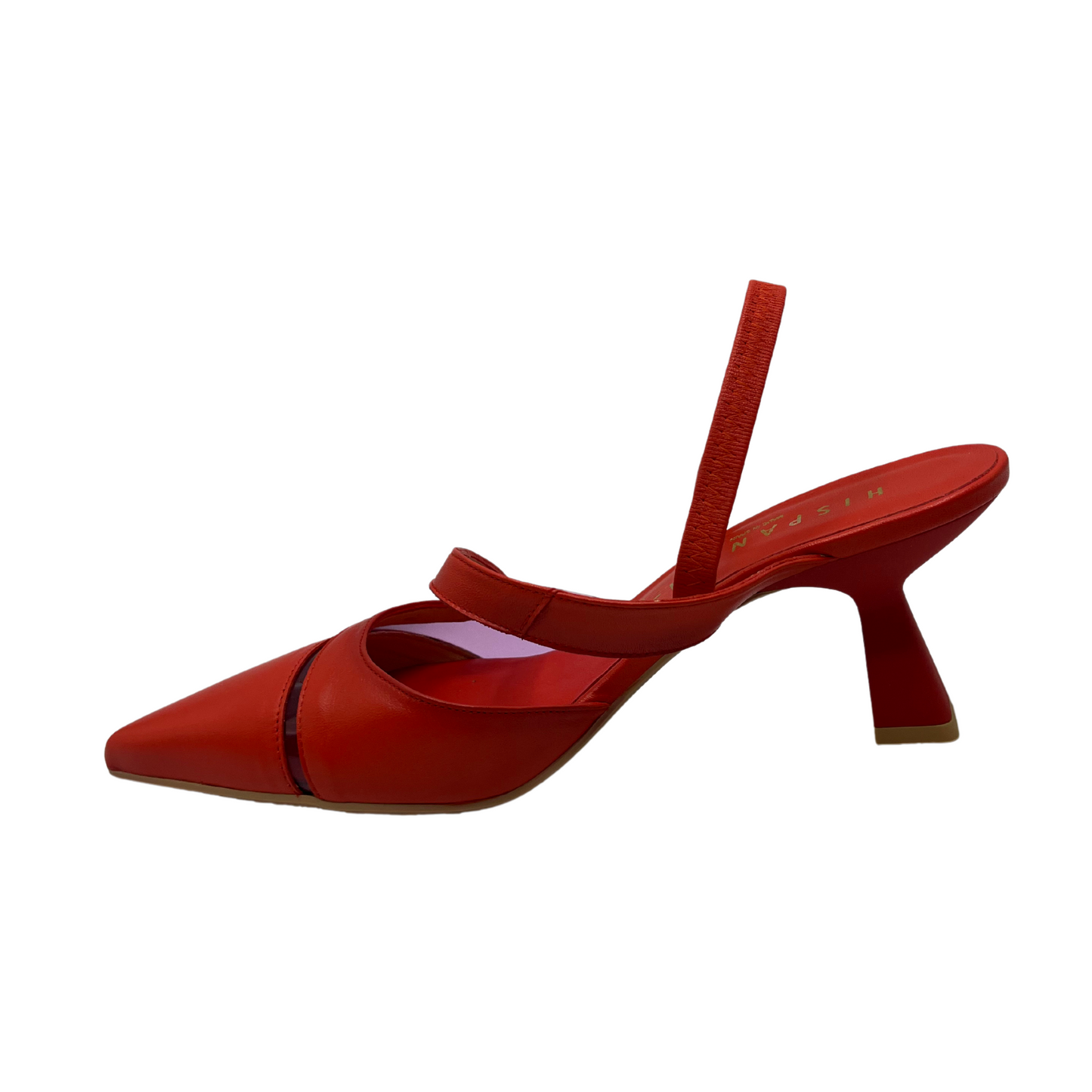 Left facing view of red leather pump with a pointed toe, flared heel and sling back strap