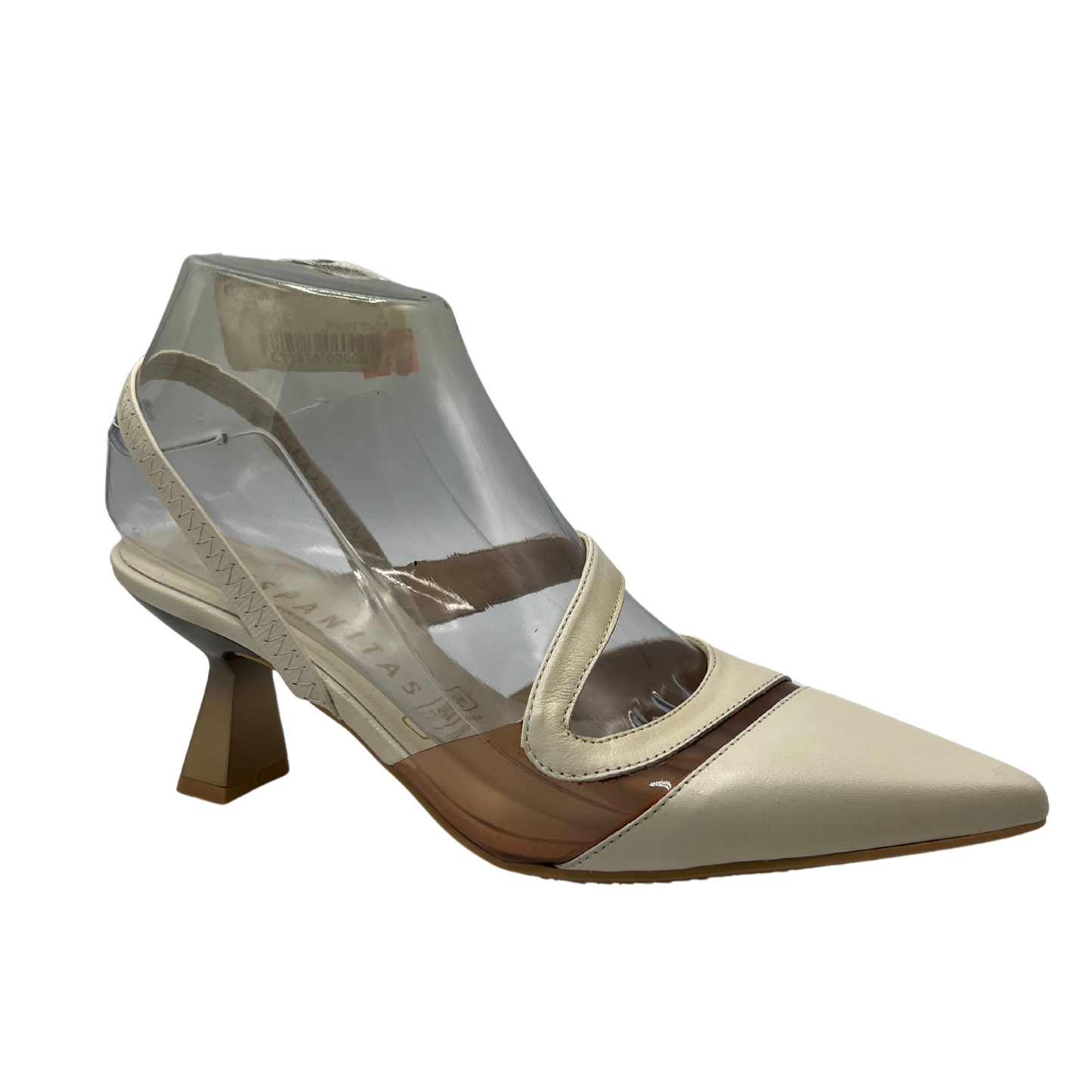 45 degree angled view of ivory leather pump with a pointed toe, flared heel and sling back strap