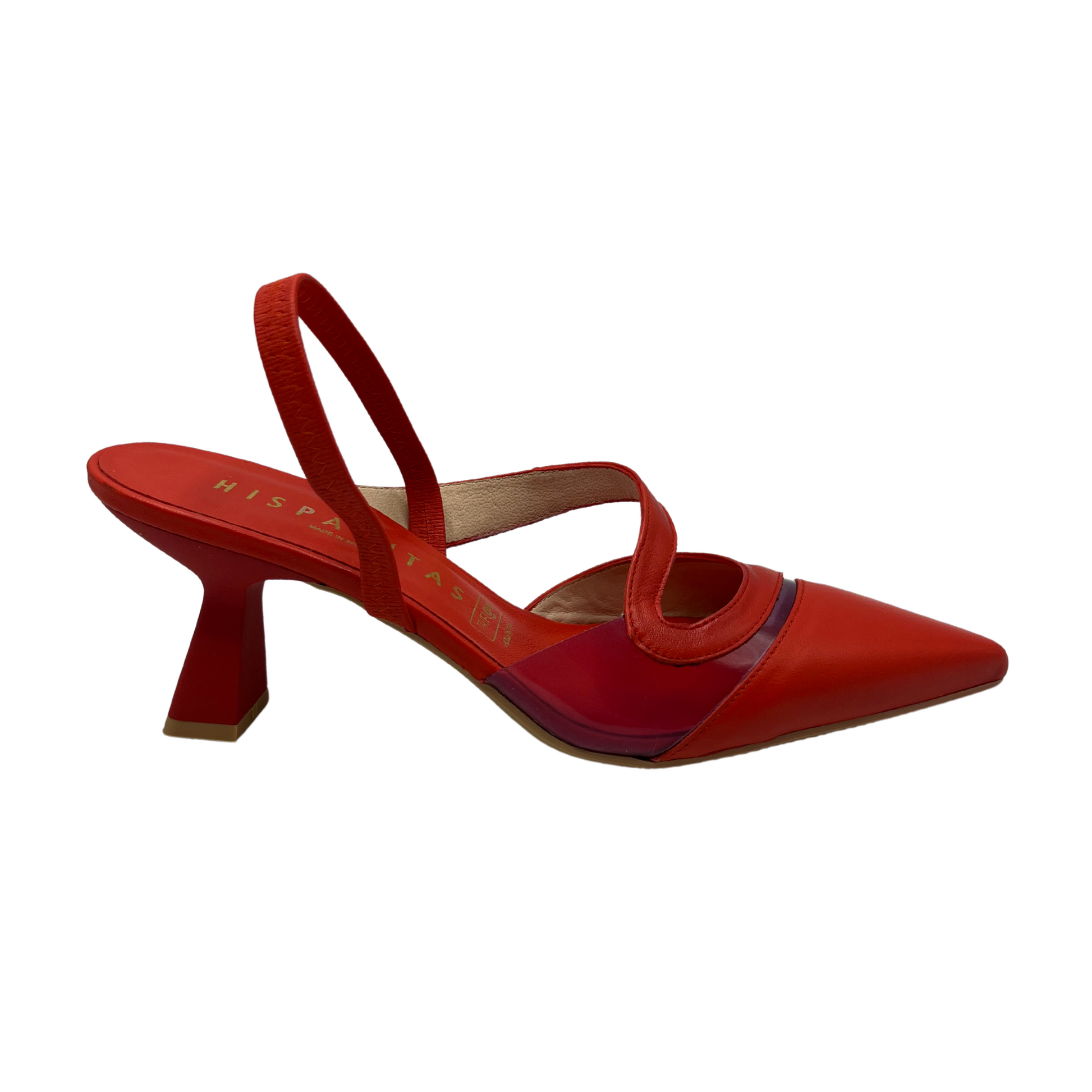 Right facing view of red leather pump with a pointed toe, flared heel and sling back strap