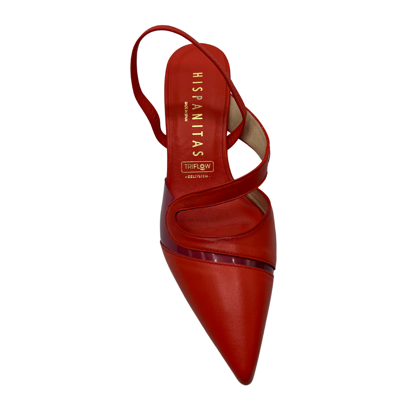 Top view of red leather pump with a pointed toe, flared heel and sling back strap