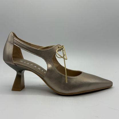 Bronze high-heeled shoe with 'Hispanic' branding on a gray background