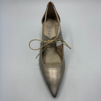 Bronze pointed-toe shoe with a lace-up design on a white background