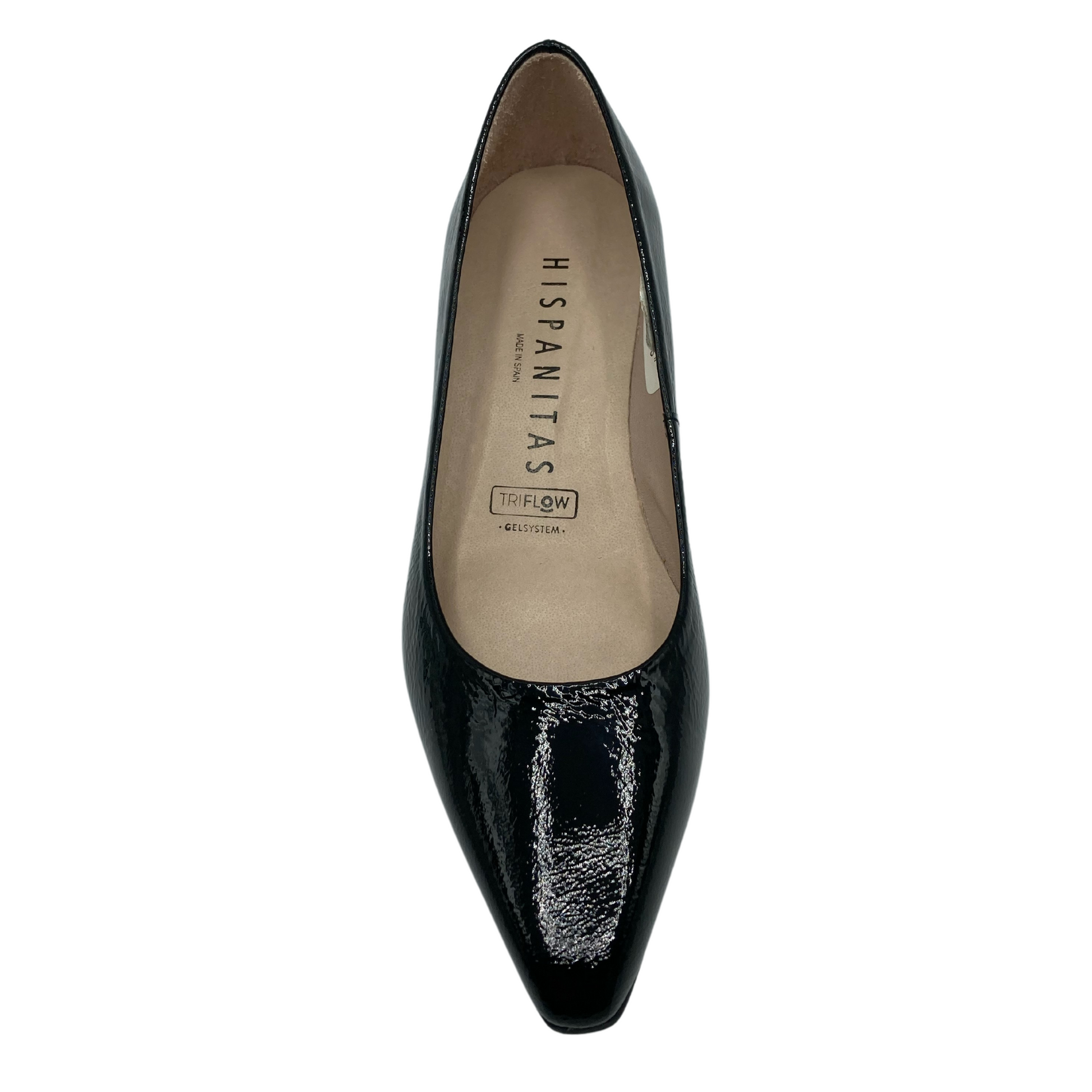 Top view of black patent leather pump with pointed toe