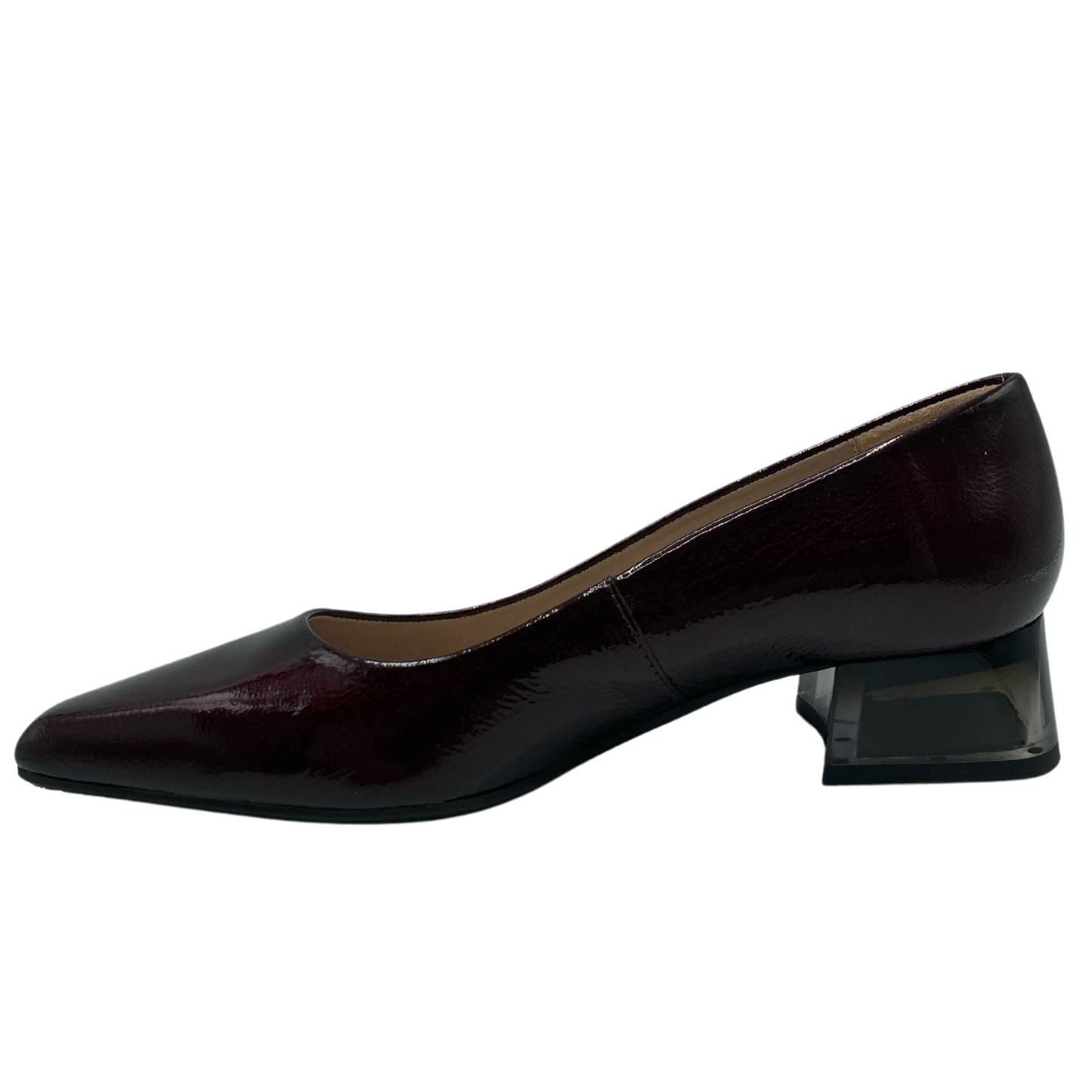 Left facing view of wine patent leather pointed toe pump with block heel