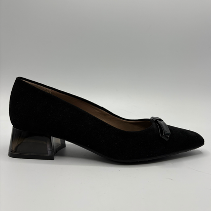 Pair of black high-heeled shoes on a white background