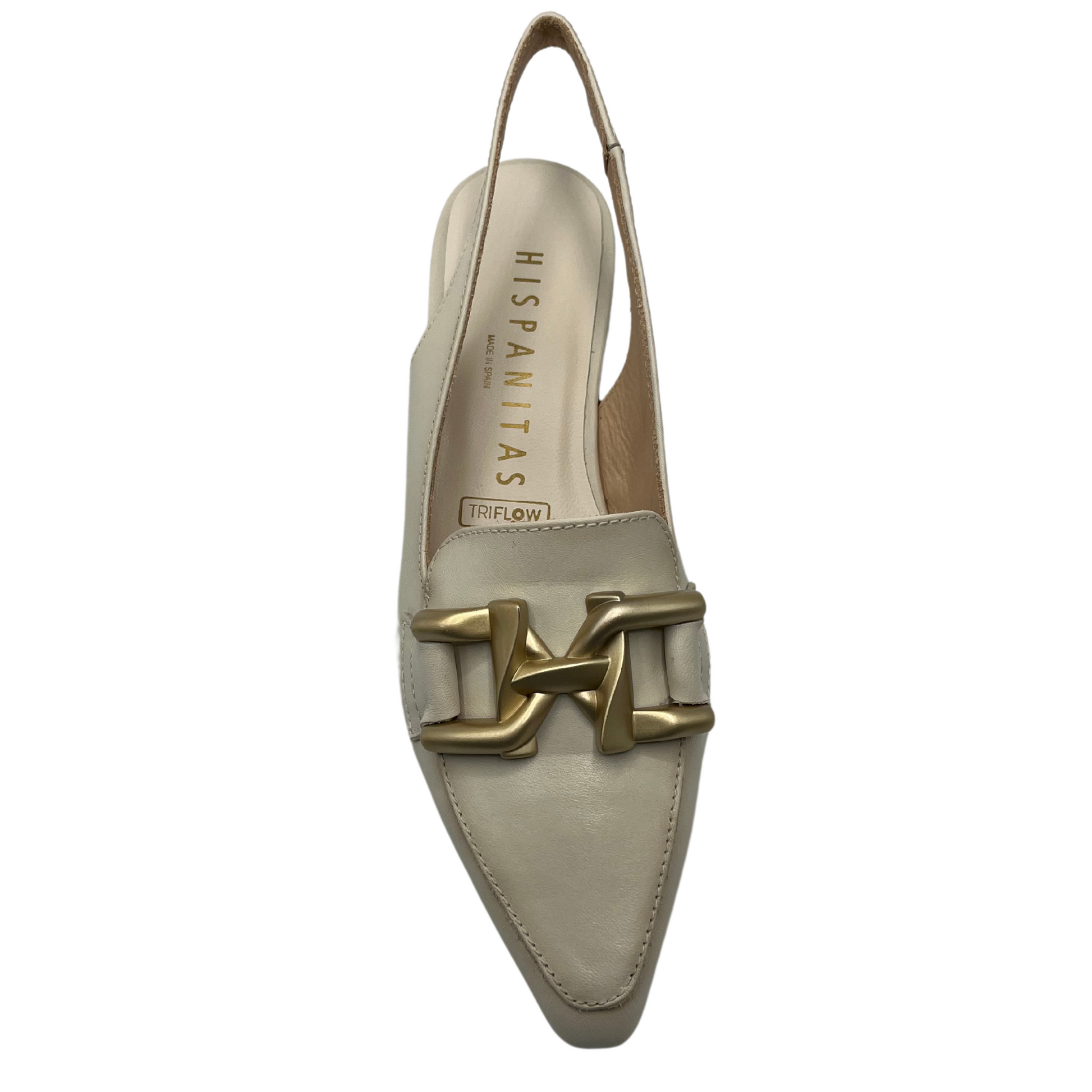 Top view of leather pump slingback with pointed toe and gold brooch detail on upper
