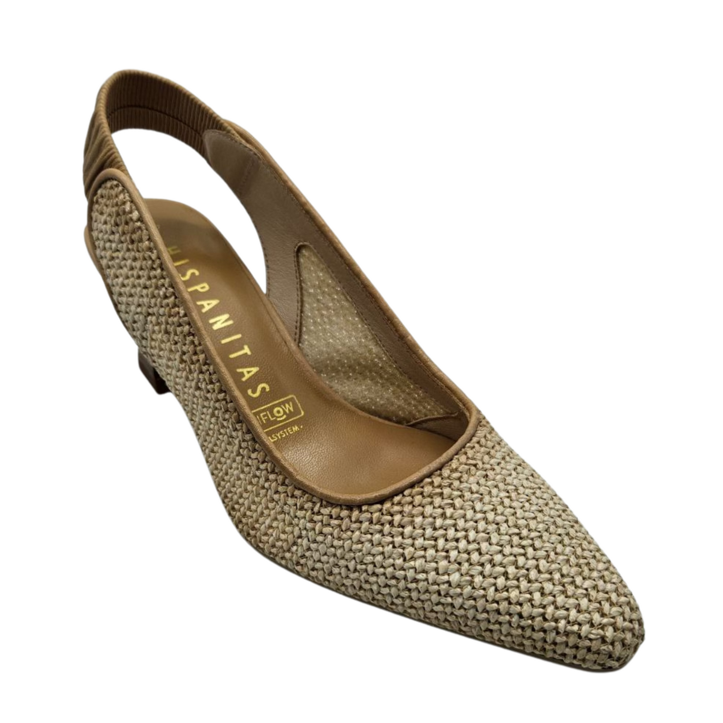 45 degree angled view of cream coloured woven pump with flared heel and elastic slingback strap