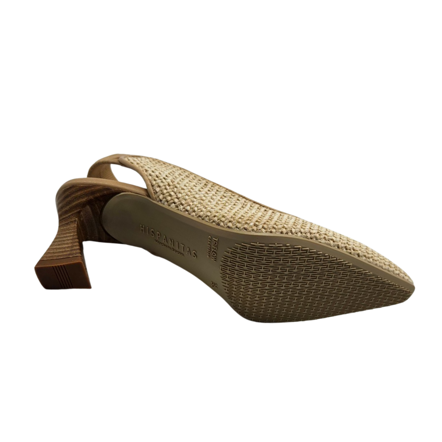 Bottom view of cream coloured woven pump with flared heel and elastic slingback strap