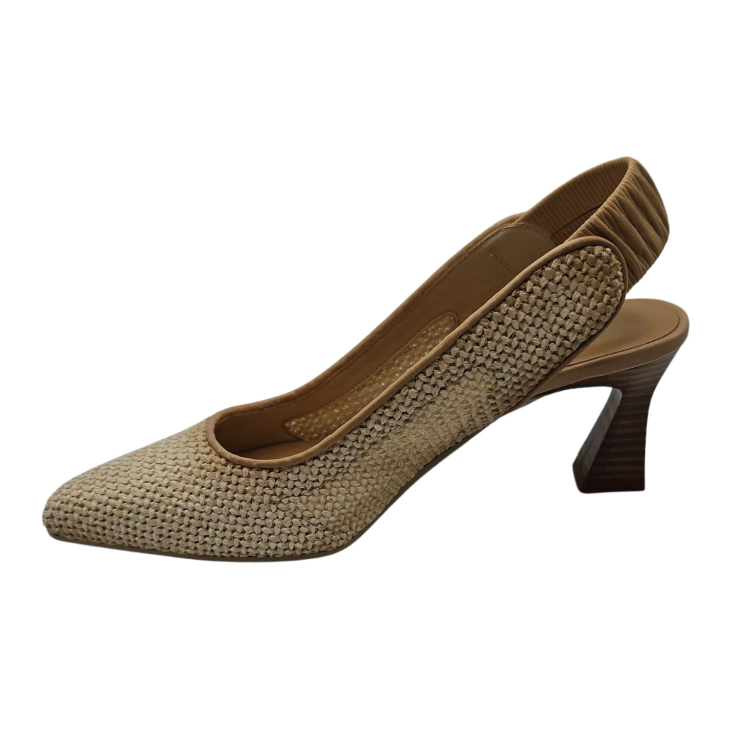 Left facing view of cream coloured woven pump with flared heel and elastic slingback strap