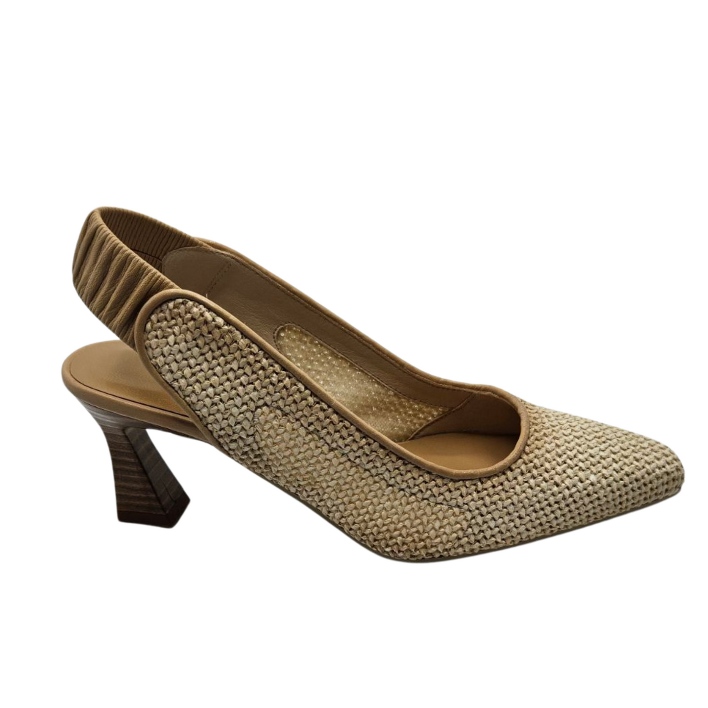 Right facing view of cream coloured woven pump with flared heel and elastic slingback strap