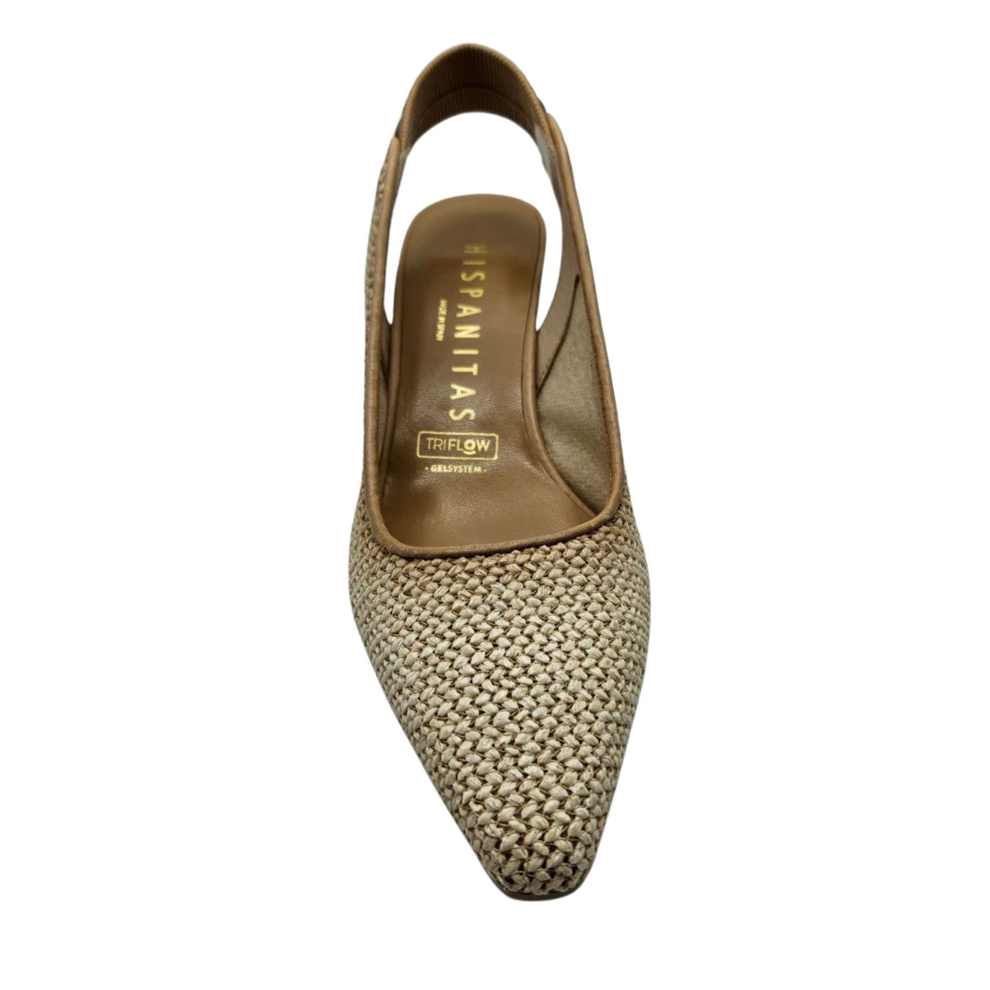 Front facing view of cream coloured woven pump with flared heel and elastic slingback strap