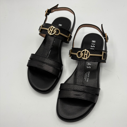 Black sandals with gold accents on a white background